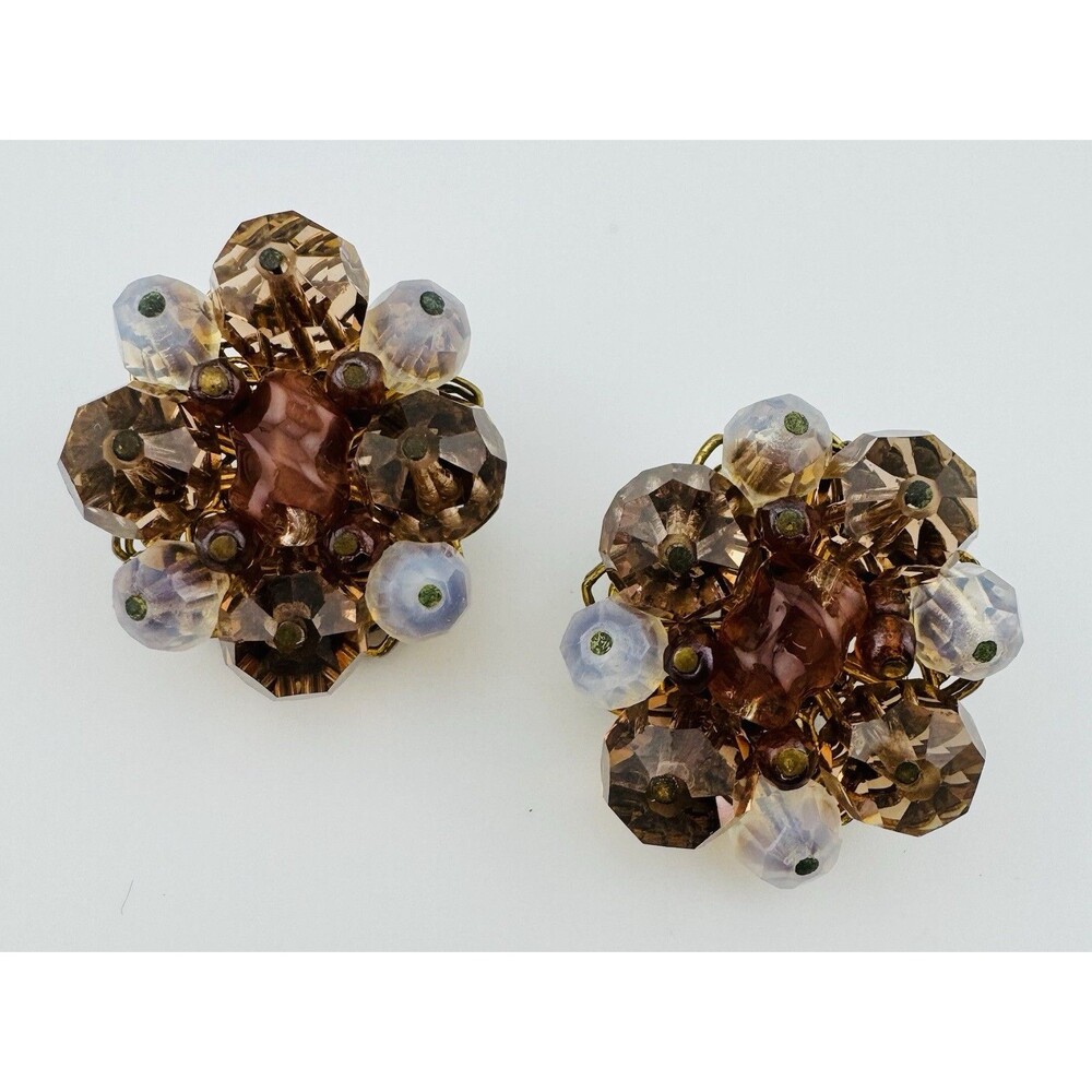 Vintage Alice Caviness Clip Earrings Faceted Crystal Cluster Gold Tone 1.5”
